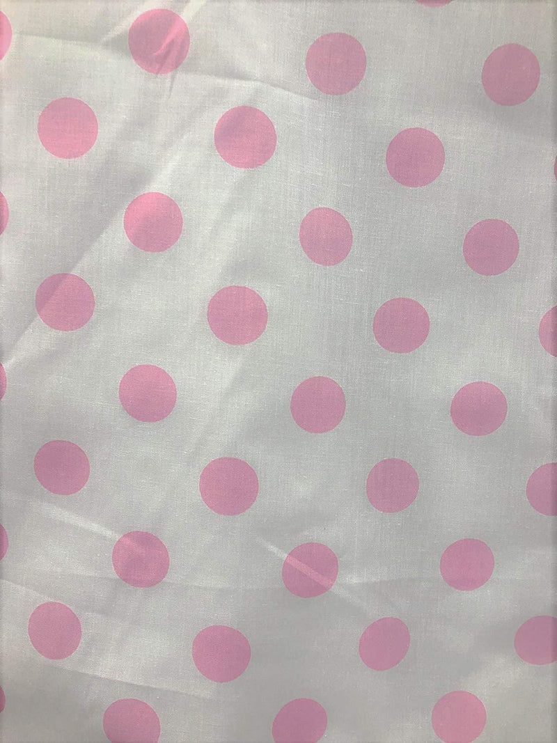 Pink On White 58" Wide Premium 1 inch Polka Dot Poly Cotton Fabric Sold By The Yard.