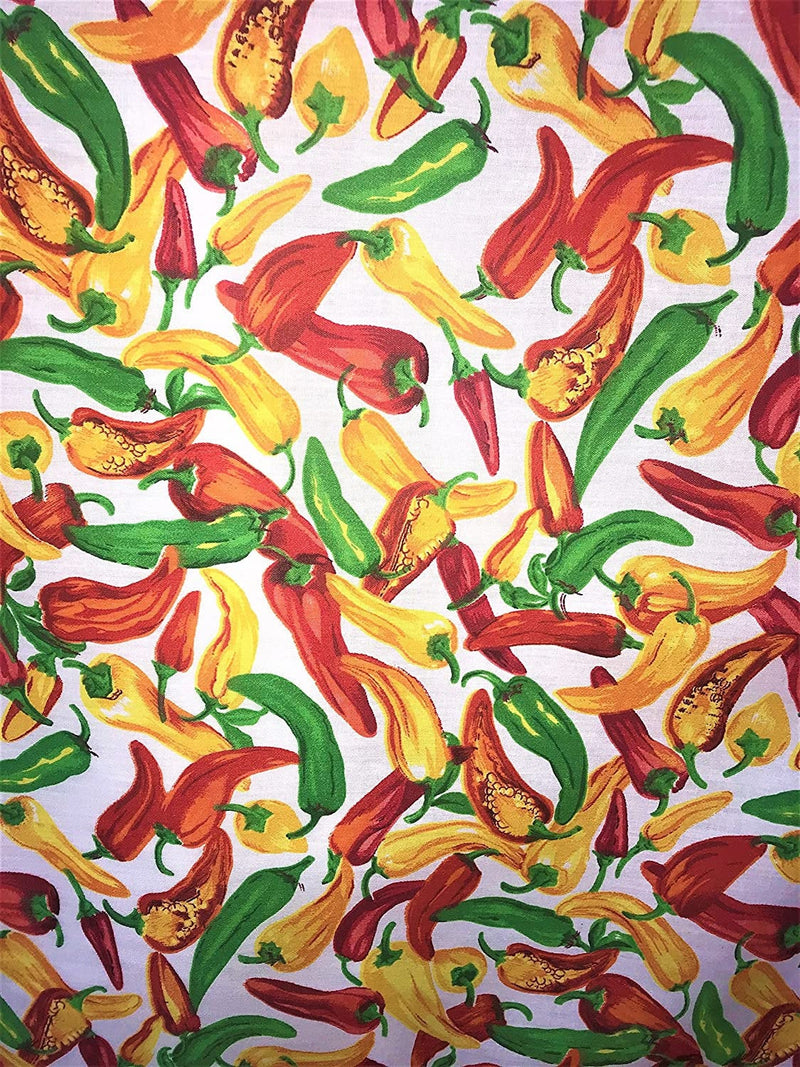 Multi color On White 60" Wide Hot Chili Pepper Poly Cotton Print Fabric Sold By The Yard.