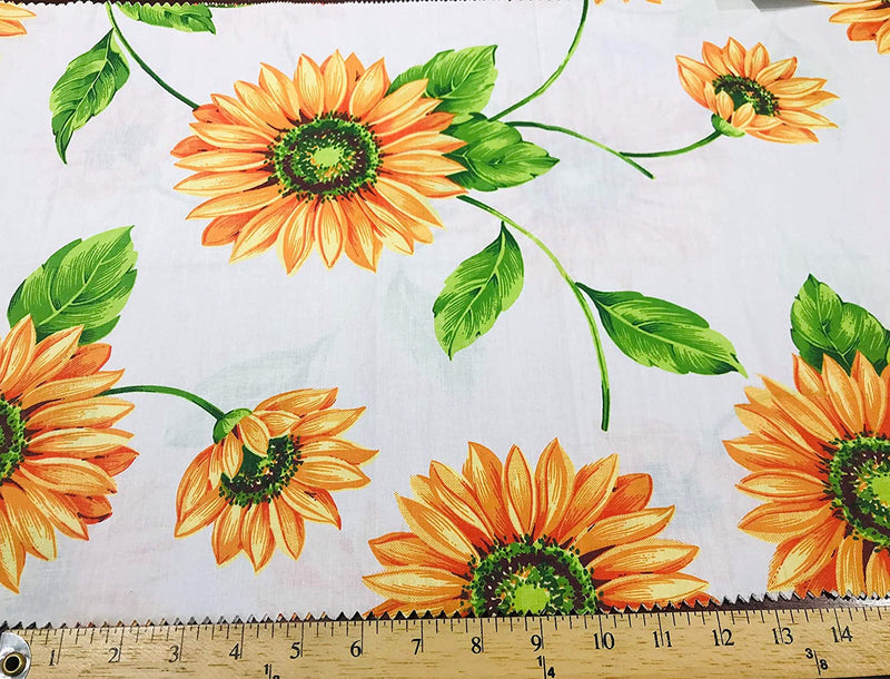 Sunflower On White 58/59" Wide 65% Polyester 35 percent Cotton Fabric, Sunflower Print, Good to Make Face Mask Covers, Sold By The Yard.