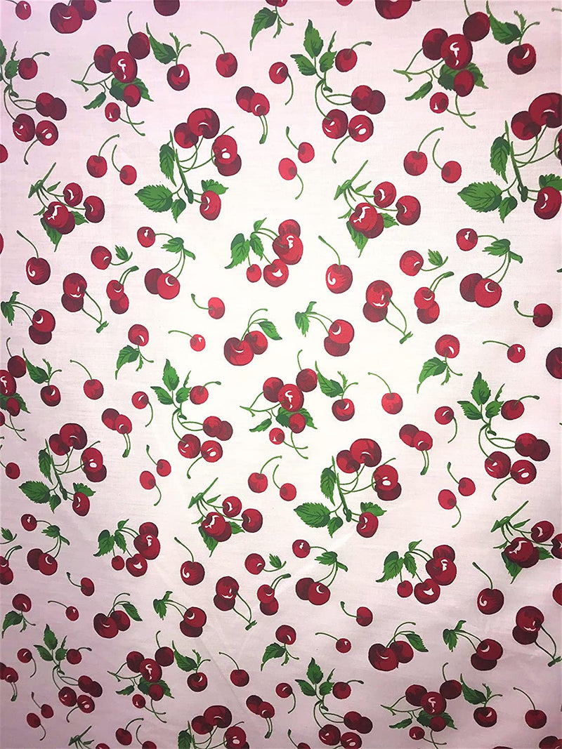 Red On White Cherry Fruit Print Poly Cotton Fabric 58"/59" Width Sold by The Yard.