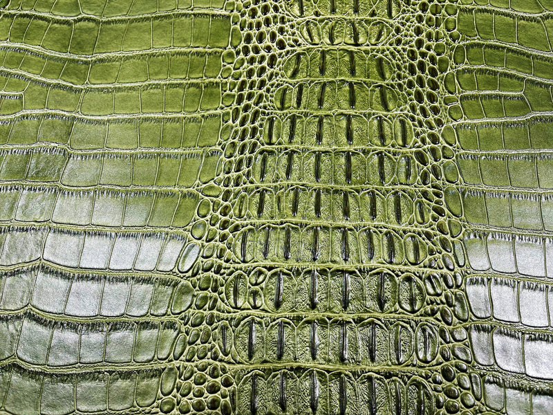 Olive Green 53/54" Wide Gator Fake Leather Upholstery, 3-D Crocodile Skin Texture Faux Leather PVC Vinyl Fabric Sold By The Yard.