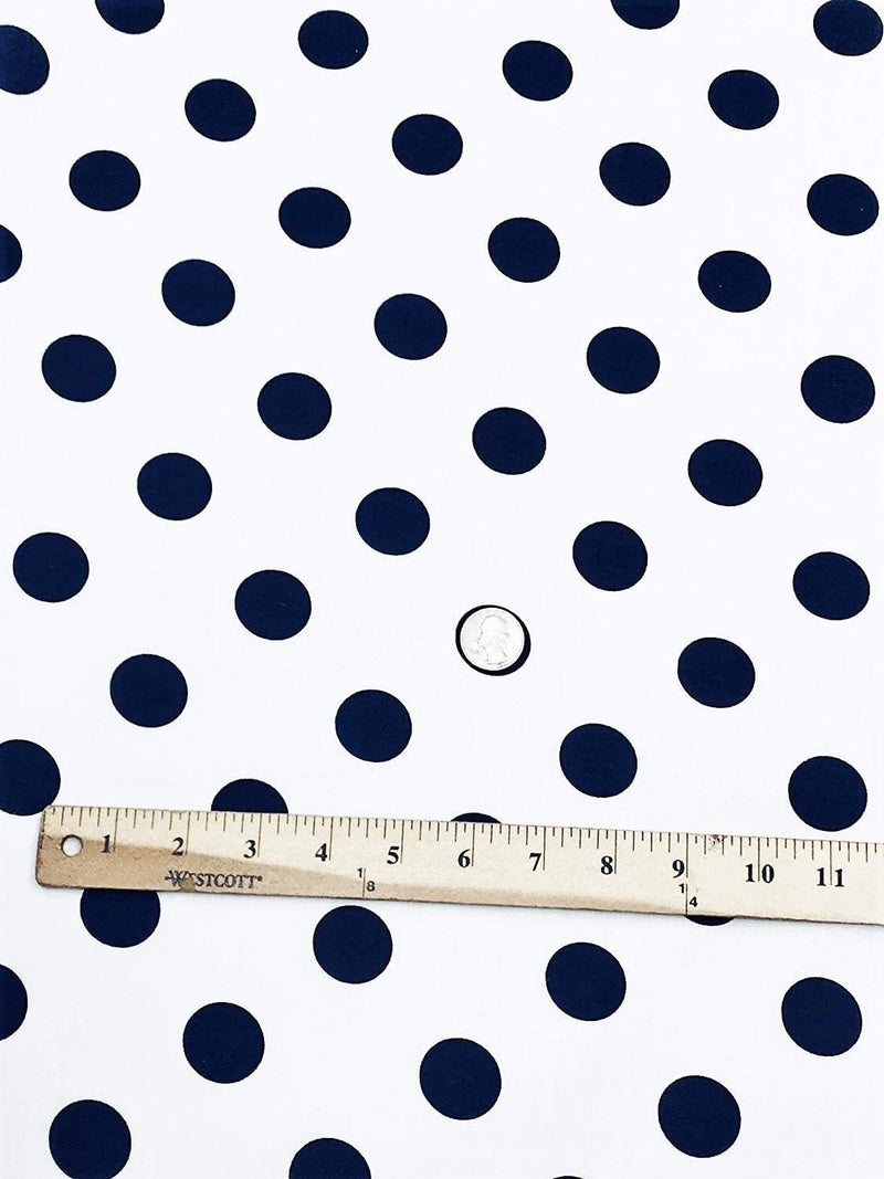 Navy On White 58" Wide Premium 1 inch Polka Dot Poly Cotton Fabric Sold By The Yard.