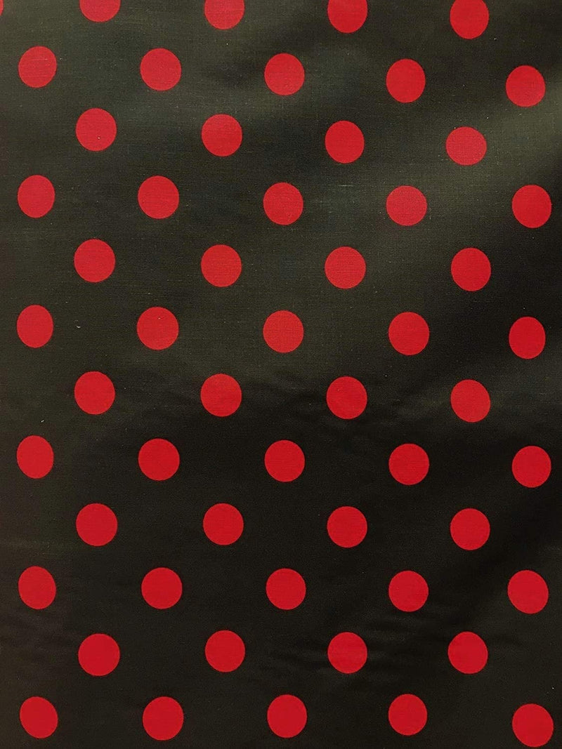 Red On Black 58" Wide Premium 1 inch Polka Dot Poly Cotton Fabric Sold By The Yard.