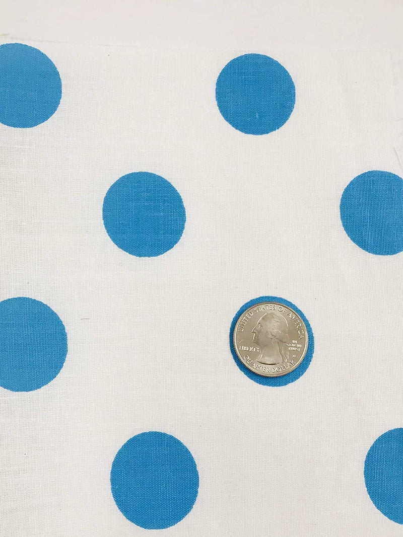 Turquoise On White 58" Wide Premium 1 inch Polka Dot Poly Cotton Fabric Sold By The Yard.