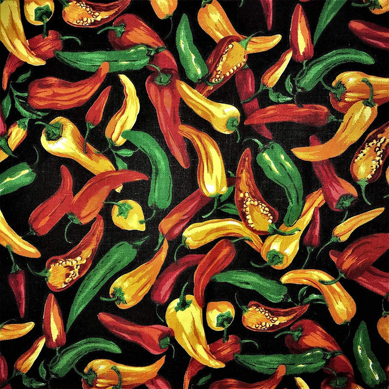 Multi color On Black 60" Wide Hot Chili Pepper Poly Cotton Print Fabric Sold By The Yard.