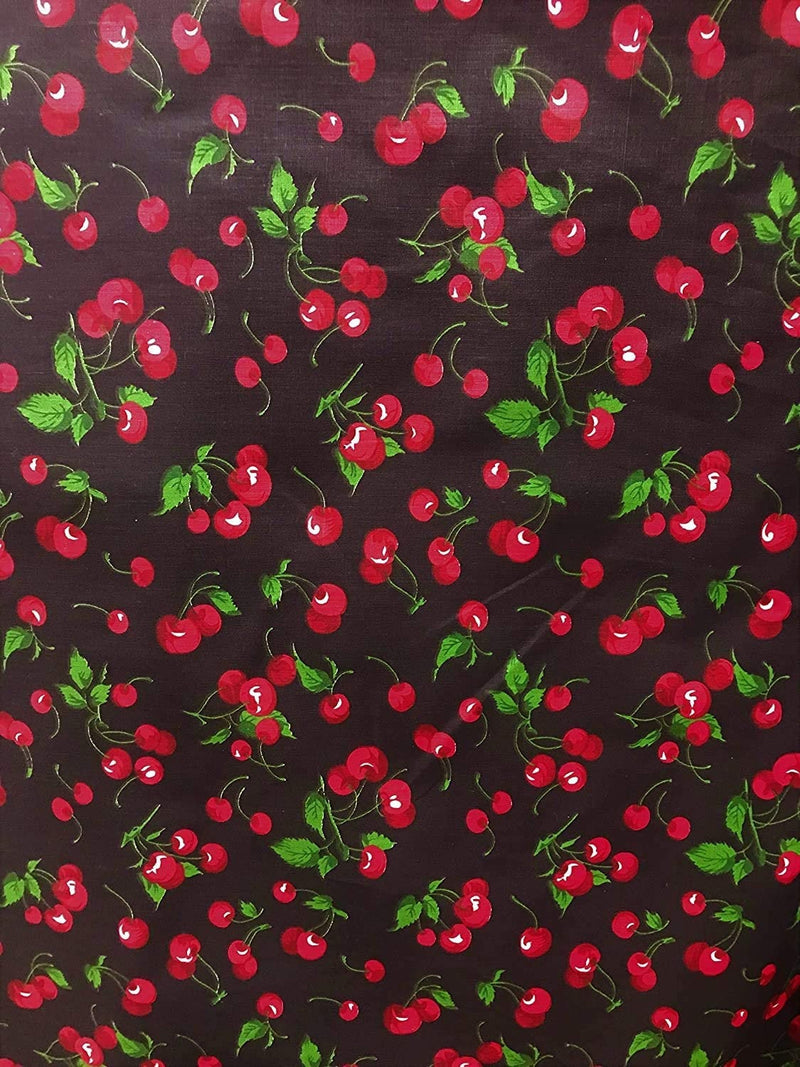 Red On Black Cherry Fruit Print Poly Cotton Fabric 58"/59" Width Sold by The Yard.