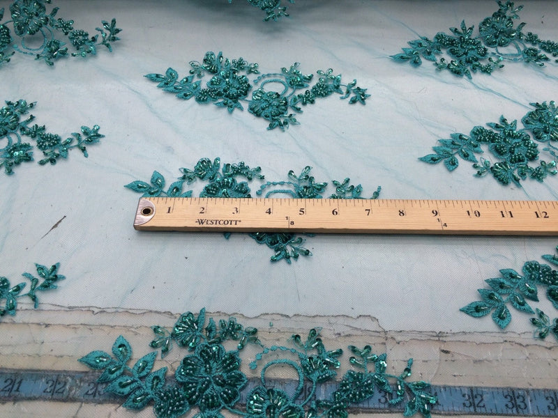 Elegant jade green hand beaded mesh lace. Wedding/ bridal/prom-nightgown- fabric lace.36x50inches. Sold by the yard.