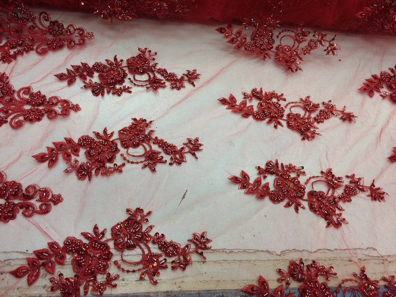 Elegant red hand beaded mesh lace. Wedding/Bridal fabric lace.36x50inches-prom-nightgown-decorations-Sold by the yard.