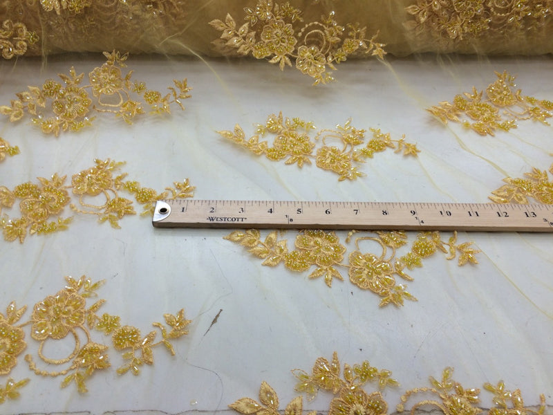 Elegant yellow hand beaded mesh lace. Wedding/Bridal/prom-nightgown  fabric lace.36x50inches. Sold by the yard.