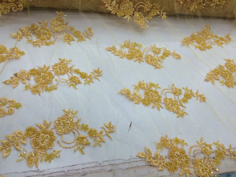 Elegant yellow hand beaded mesh lace. Wedding/Bridal/prom-nightgown  fabric lace.36x50inches. Sold by the yard.