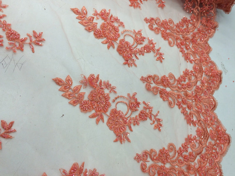 Elegant coral flower beaded and embroider on a mesh lace-prom-nightgown-decorations-sold by the yard.