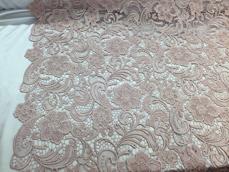 Blush pink flower guipure embroider lace. Prom/wedding/bridal/nightgown/tablecloths fabric-apparel-dresses-fashion-sold by the yard.