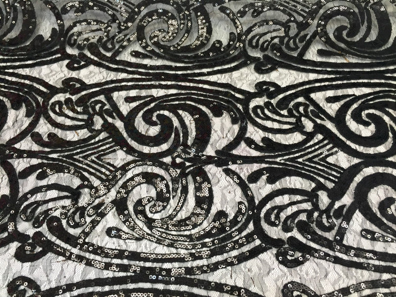 Luxurious black sequins embroider on a vintage mesh lace.Wedding/Bridal/Prom/Nightgown fabric-dresses-fashion-Sold by the yard.