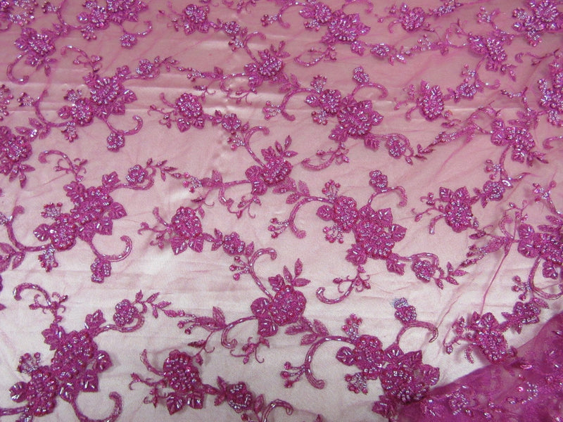 Elegant magenta French design embroider and beaded on a mesh lace. Wedding/Bridal/Prom/Nightgown fabric.