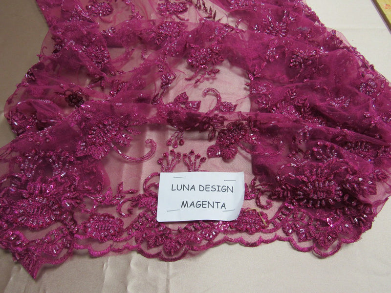 Elegant magenta French design embroider and beaded on a mesh lace. Wedding/Bridal/Prom/Nightgown fabric.