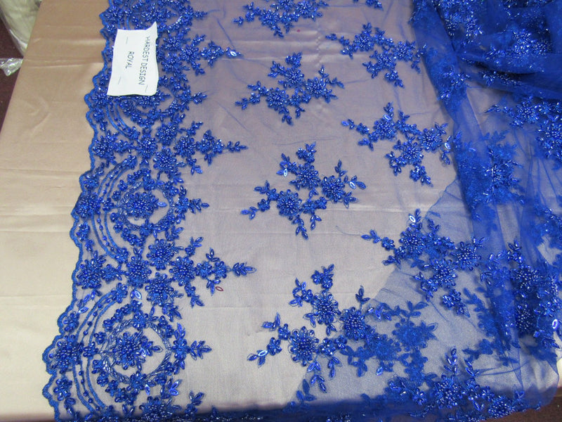 Luxurious royal blue French design embroider and beaded on a mesh lace. Wedding/Bridal/Prom/Nightgown/Dresses/Fashion/Sold by yard.