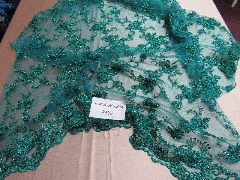 Elegant jade French design embroider and beaded on a mesh lace. Wedding/Bridal/Prom/Nightgown fabric.