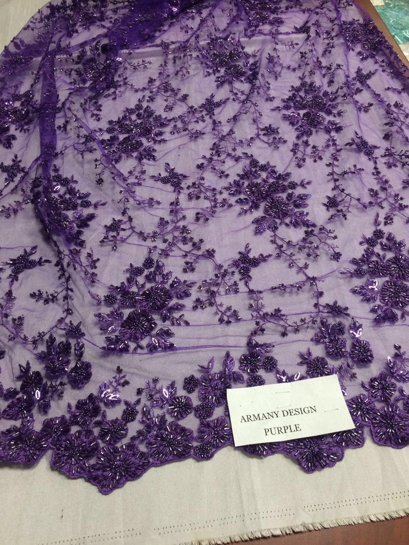 Gorgeous purple flower design embroider and beaded on a mesh lace. Wedding/Bridal/Prom/Nightgown fabric. Sold by the yard.
