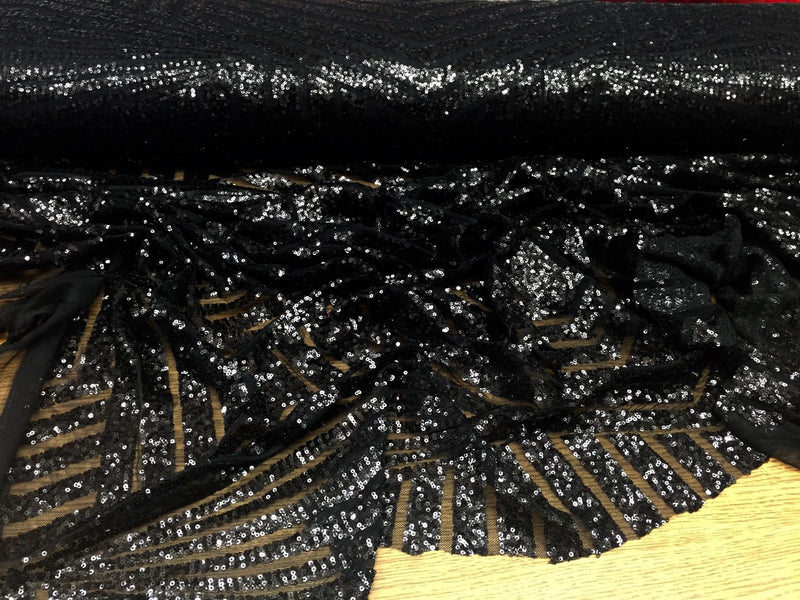 Black geometric sequins design embroider on a black mesh. Wedding/Bridal/Prom/Nightgown fabric. Sold by the yard.