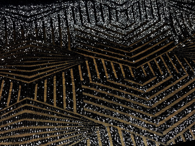 Black geometric sequins design embroider on a black mesh. Wedding/Bridal/Prom/Nightgown fabric. Sold by the yard.