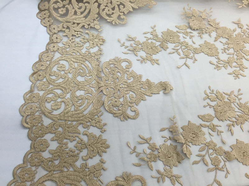 Gold flowers embroider on a 2 way stretch mesh lace. Wedding/Prom/Bridal/Nightgown fabric-apparel-fashion-dresses-Sold by the yard.