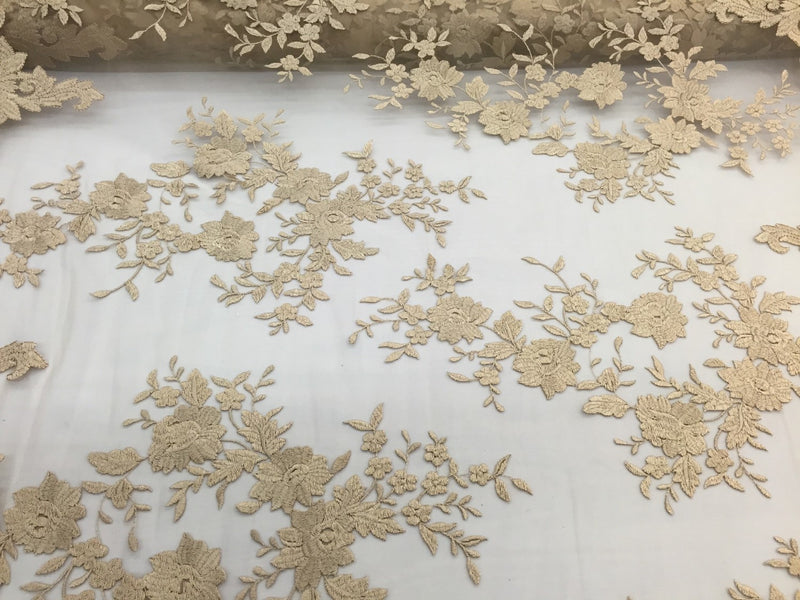 Gold flowers embroider on a 2 way stretch mesh lace. Wedding/Prom/Bridal/Nightgown fabric-apparel-fashion-dresses-Sold by the yard.