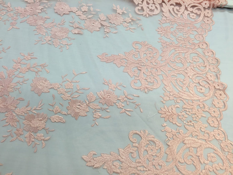 Peach flowers embroider on a 2 way stretch mesh lace. Wedding/Bridal/Prom/Nightgown fabric. Sold by the yard.