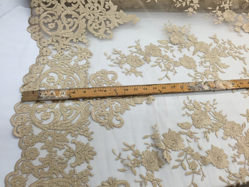 Gold flowers embroider on a 2 way stretch mesh lace. Wedding/Prom/Bridal/Nightgown fabric-apparel-fashion-dresses-Sold by the yard.