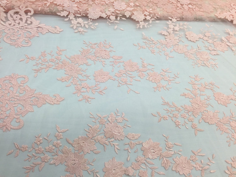 Peach flowers embroider on a 2 way stretch mesh lace. Wedding/Bridal/Prom/Nightgown fabric. Sold by the yard.