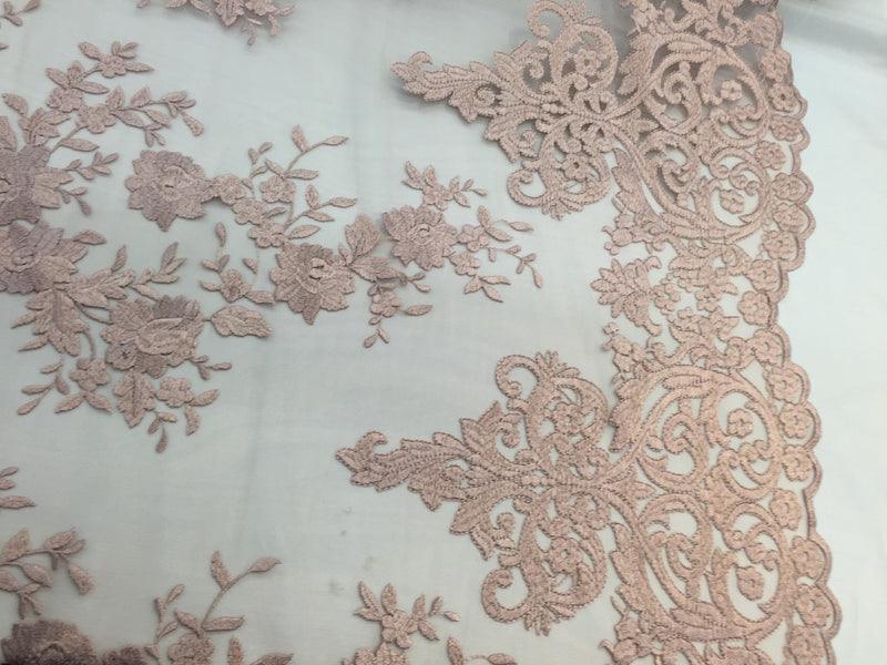 Blush/rose pink flowers embroider on a 2 way stretch mesh lace-Wedding/Bridal/Prom/Nightgown fabric-apparel-fashion-dresses-Sold by the yard