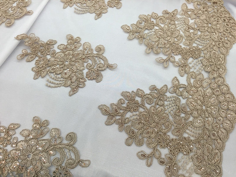 Taupe flower lace corded and embroider with sequins on a mesh. Wedding/bridal/prom/nightgown fabric. Sold by the yard.