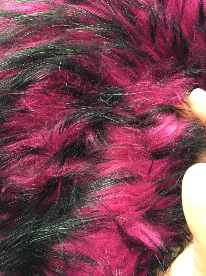 Magenta/black husky faux fur, 2 tone shaggy faux fur. Sold by the yard.60" wide.