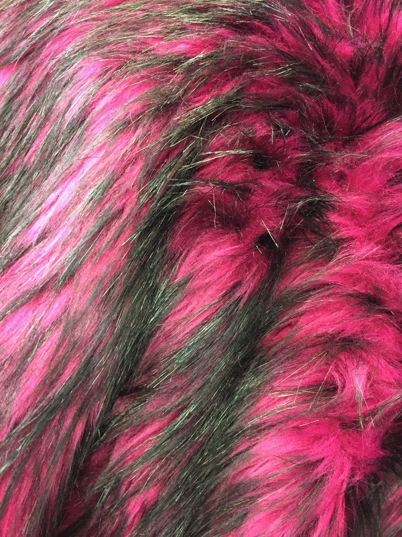Magenta/black husky faux fur, 2 tone shaggy faux fur. Sold by the yard.60" wide.