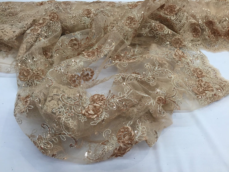 Camel 3d flowers embroider with sequins on a mesh lace fabric. Sold by the yard.