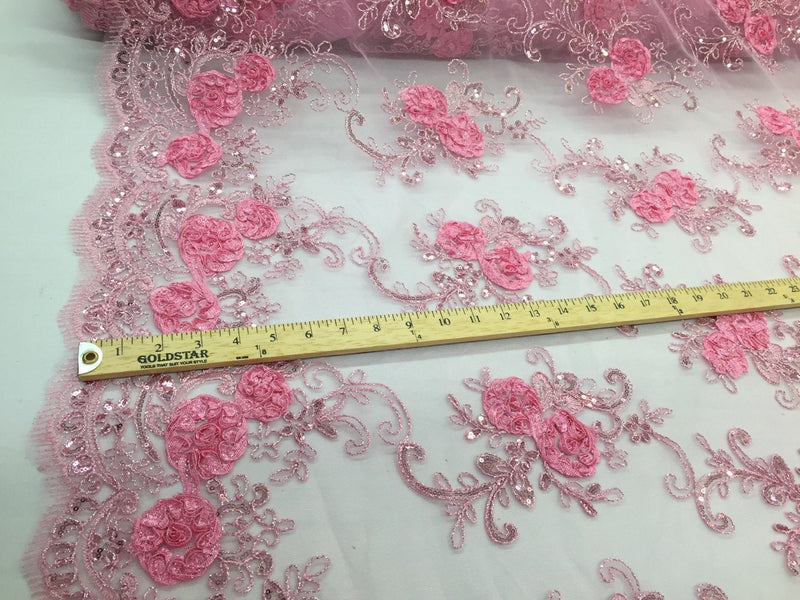 Pink 3d flowers embroider with sequins on a pink mesh lace. Wedding/bridal/prom/ nightgown fabric. Sold by the yard.