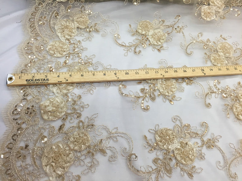 Champagne 3d flowers embroider with sequins on a champagne mesh lace. Wedding/bridal/prom/nightgown fabric. Sold by the yard.