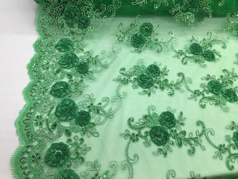 Green  3d flowers embroider with sequins on a mesh lace fabric. Sold by the yard.