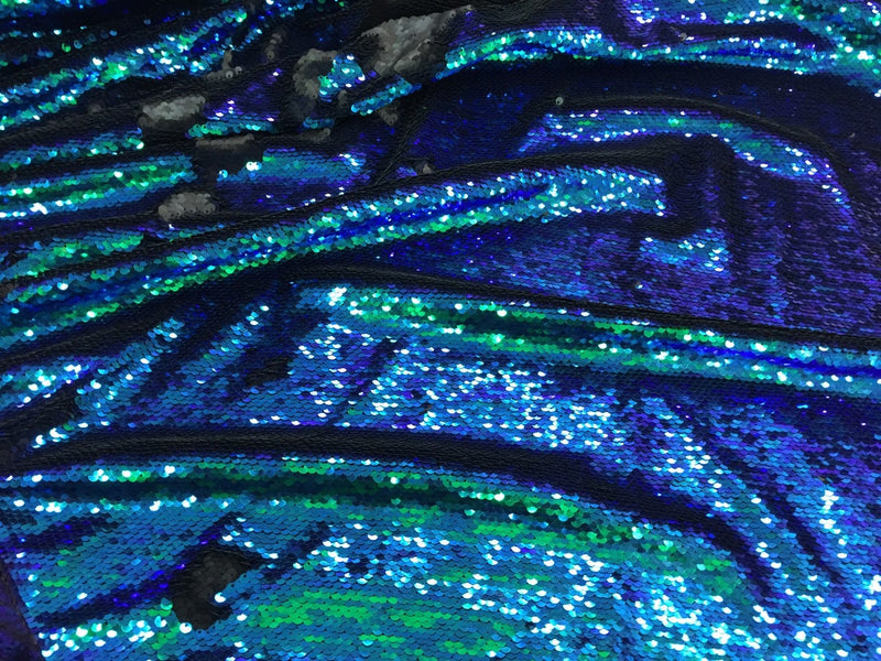 Green iridescent-matt black sequin mermaid fish scales- 2 way stretch lycra-2 tone flip flop sequins-prom-nightgown-decorations-sold by yard