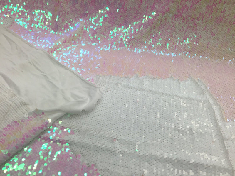 Matt white/pink hologram mermaid fish scales- 2 way stretch lycra- 2 tone flip flop sequins- sold by the yard.