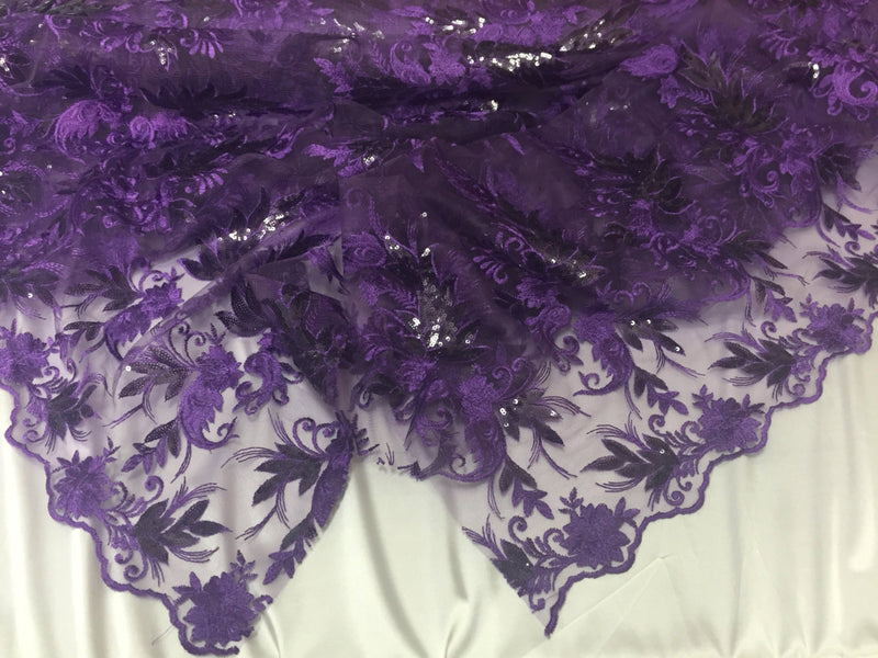 Purple paisley flowers embroider with sequins on a mesh lace fabric. Wedding-bridal-prom-nightgown fabric- sold by the yard.