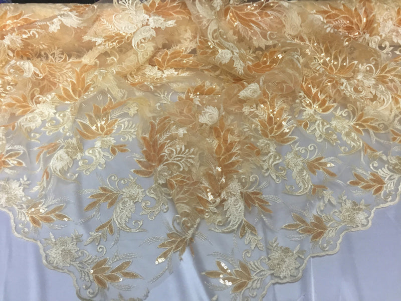 Yellow/gold paisley flowers embroider with sequins on a mesh lace fabric. Wedding-bridal-prom-nightgown fabric- sold by the yard.