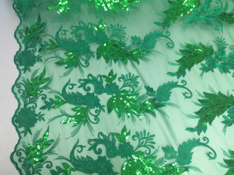 Green paisley flowers embroider with sequins on a mesh lace fabric- wedding-bridal-prom-nightgown fabric- sold by the yard.