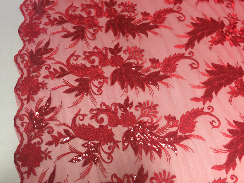 Red paisley flowers embroider with sequins on a mesh lace fabric- wedding-bridal-prom-nightgown fabric- sold by the yard.