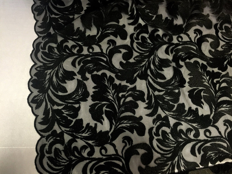 Black royalty leaf design-embroider on a black mesh lace fabric- wedding-bridal-prom-nightgown fabric- sold by the yard.