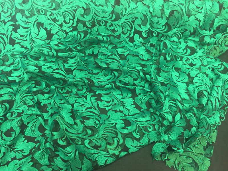 Green royalty leaf design- embroider on a black mesh lace fabric- wedding-bridal-prom-nightgown fabric- sold by the yard.