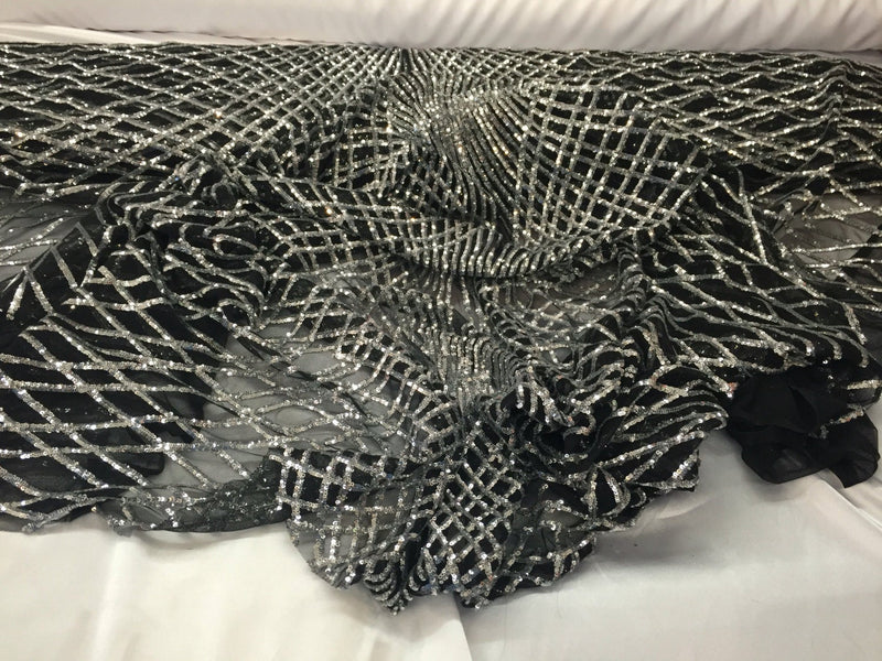 Silver venom diamond web-embroider with sequins on a black mesh lace fabric-wedding-bridal-prom-nightgown fabric-sold by the yard.