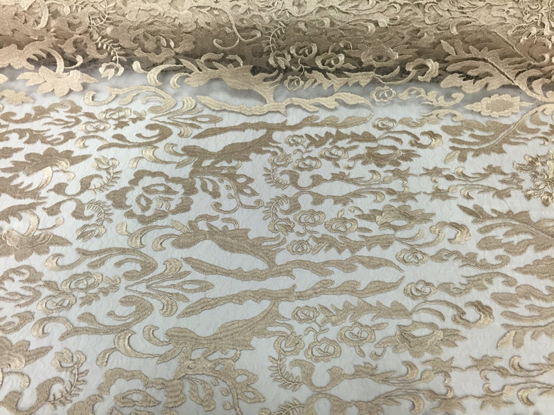 Champagne damask design embroider on a 2 way stretch mesh lace fabric-wedding-bridal-prom-nightgown-sold by the yard-
