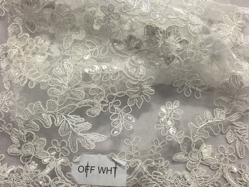 Off white corded flowers embroider with sequins on mesh lace fabric- yard