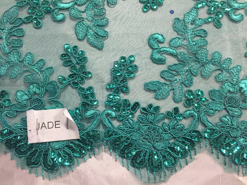 Jade corded flowers embroider with sequins on a mesh lace fabric-yard-