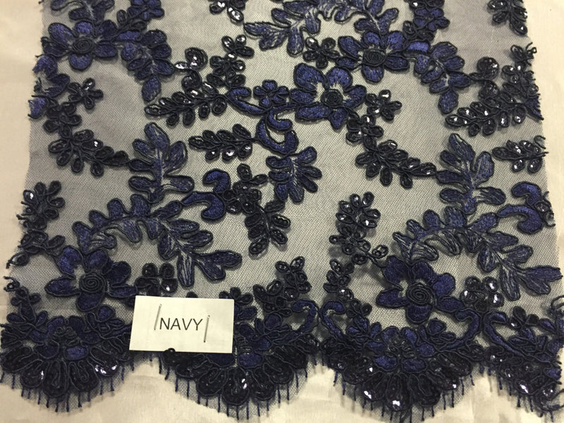 Navy blue corded flowers embroider with sequins on a mesh lace fabric-sold by the yard-